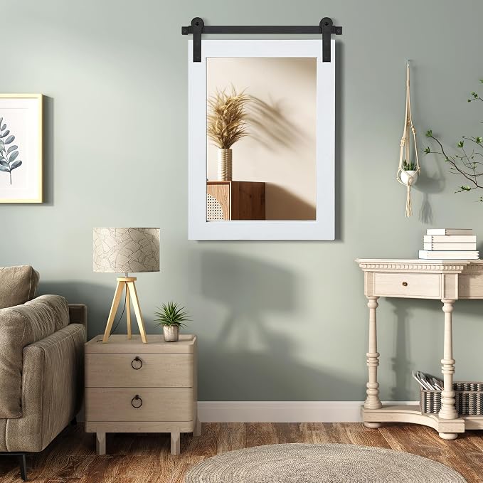 COGOOD Farmhouse Bathroom Mirrors for Over Sink - 38 x 25 Pure White | Rustic Barn Door Wood Framed Vanity Mirror for Entryway, Living Room, Bedroom, Dresser Wall Decor