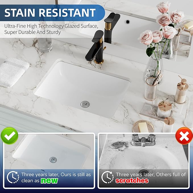 Undermount Bathroom Sink Rectangle, Hugsleek Interior Bowl Size 16 x 11 inch White Porcelain Ceramic Vessel Sink Under Counter Exterior Size 18x13in Rectangular Bath Sink Basin Lavatory Fireclay