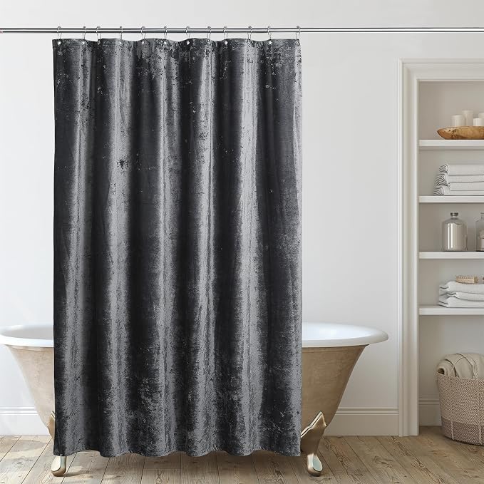 TAMGHO Crushed Velvet Shower Curtain, Grey, 72" x 72" | Coordinating Nickle Grommets and Hooks, Machine Washable, Water Repellent