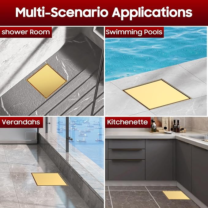 DLONE® Shower Drain | 6 Inch Brushed Gold with Tile Insert Panel | Square Shower Drain, with Hair Catcher, Shower Floor Drain Fits Bathroom & Balcony etc
