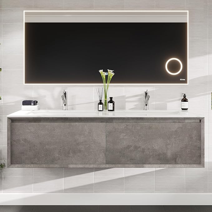 Eviva Aurora 60 in. Concrete Gray Wall Mount Double Sink Bath Vanity with Carrara Quartz Top