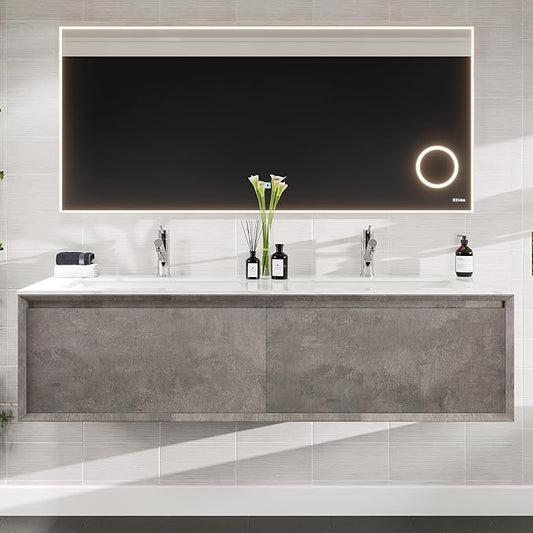 Eviva Aurora 60 in. Concrete Gray Wall Mount Double Sink Bath Vanity with Carrara Quartz Top