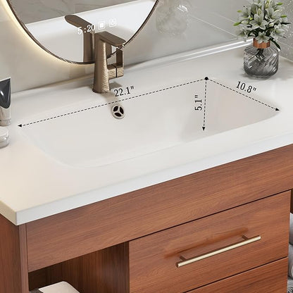 36 inch Modern Floating Bathroom Vanity with Sink, Wall Mounted Solid Wood Bathroom Cabinet with Ceramic Sink, 2 Soft Closing Drawers & Open Storage Shelves, Bronze Metal Handle, Walnut