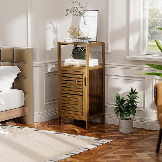 HITNET Bathroom Cabinet, Bamboo Floor Cabinet Free Standing, 4 Tier Sofa Side Storage Cupboard for Living Room Kitchen Bedroom, Walnut