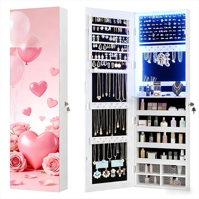 47.2" LED Jewelry Mirror Cabinet, Wall/Door Mounted Jewelry Armoire Organizer with Full Length Mirror, Large Storage Hanging Cabinet, 4 Drawers, 5 Shelves, Built-in Lighted Mirror (White)