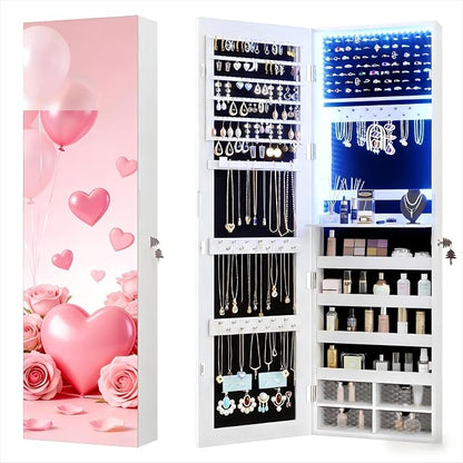 47.2" LED Jewelry Mirror Cabinet, Wall/Door Mounted Jewelry Armoire Organizer with Full Length Mirror, Large Storage Hanging Cabinet, 4 Drawers, 5 Shelves, Built-in Lighted Mirror (White)