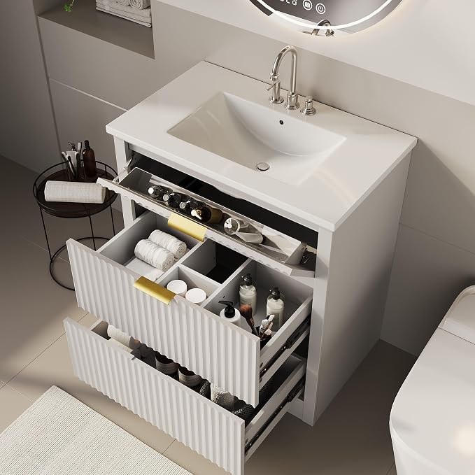 Garvee 24" Fluted Bathroom Vanity with Sink, Farmhouse Freestanding Bathroom Sink Cabinet with 2 Drawers & 1 Flip-Down Drawer, Easy Assembly & Cleaning, White