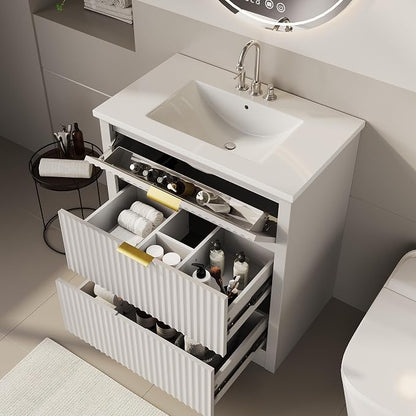 Garvee 24" Fluted Bathroom Vanity with Sink, Farmhouse Freestanding Bathroom Sink Cabinet with 2 Drawers & 1 Flip-Down Drawer, Easy Assembly & Cleaning, White