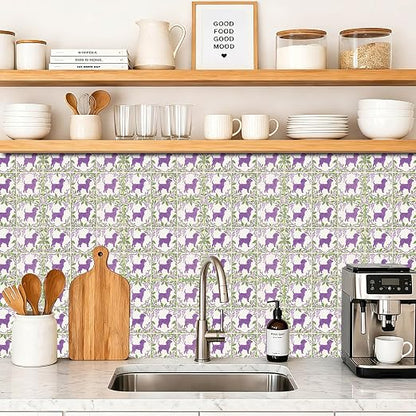 Purple Dog Floral Peel and Stick Floor Tiles 12x12 Inch 10PCS | Purple Dog Floral removable self adhesive PVC vinyl tiles for kitchen bathroom entryway laundry room and indoor home decor