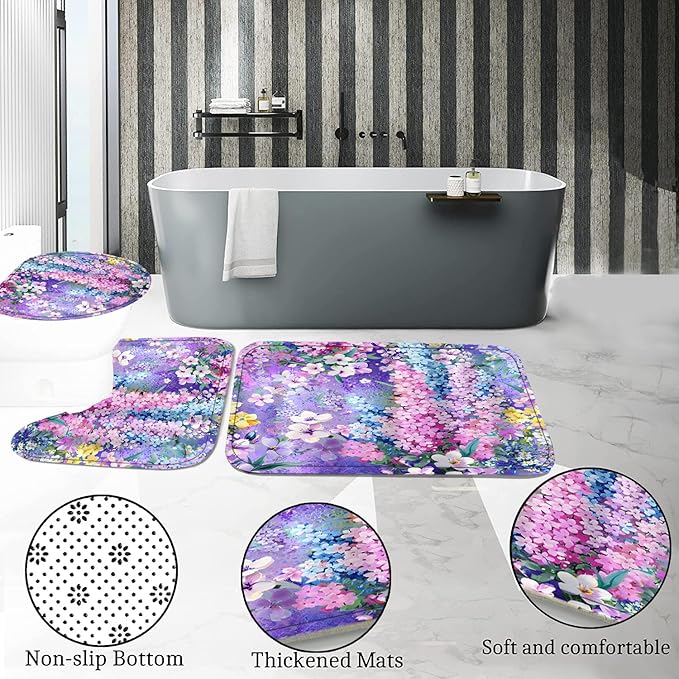 4-Piece Purple Floral Shower Curtain Cute Colorful Flower Bathroom Set with Shower Curtain and Rugs, Pretty Funky Watercolor Cloth Bath Set with Hooks for Farmhouse Home Decor