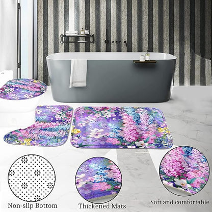 4-Piece Purple Floral Shower Curtain Cute Colorful Flower Bathroom Set with Shower Curtain and Rugs, Pretty Funky Watercolor Cloth Bath Set with Hooks for Farmhouse Home Decor