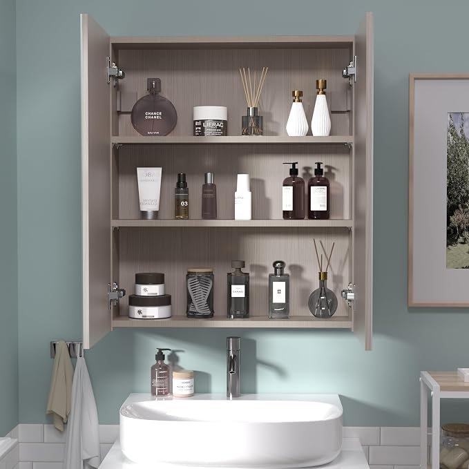 28x24 inch Bathroom Wall Cabinet, Saver Storage Cabinet, Medicine Cabinet with 2 Door and Adjustable Shelves, Grey（Assembly Required）
