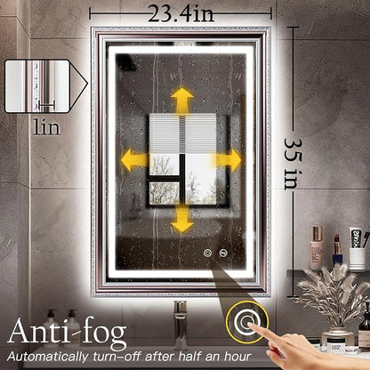 ROLOVE 23x35 Inch Bathroom Mirror with Lights, Brushed Rose Gold Frame, Anti-Fog LED Vanity Mirror for Wall, Plug-in/Hardwired, Dimmable, Tempered Glass,Wall Mirrors Decorative (Champagne Pink Hue)