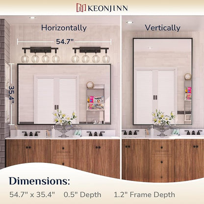 Keonjinn 55x36 Inch Matte Black Bathroom Mirror for Over Sink, Rectangular | HD Tempered Glass, Vanity Mirror, Brushed Framed, Square Corner, Modern Farmhouse, Wall Mounted Mirrors, Aluminum Alloy