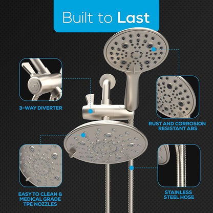 SparkPod Dual Shower Head - 8'' High Pressure 55-Mode Rain Shower Heads with Handheld Spray Combo - Rainfall, Handheld & Dual Mode - Easy Install 3-Way Showerhead with Hose & Holder (Brushed Nickel)