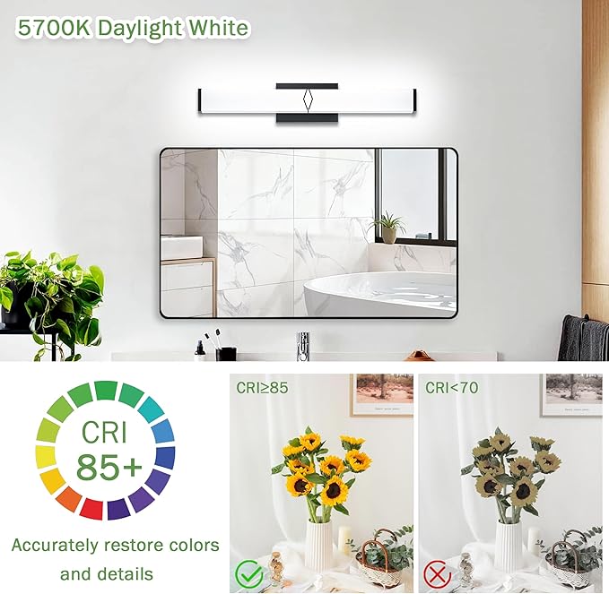 24 Inch Bathroom Vanity Light 2500LM, 5700K Daylight White Modern Bathroom Light Dimmable, AC 120V 25W Matte Black LED Vanity Lighting Fixtures Wall Sconce ETL Certified, 2Pack