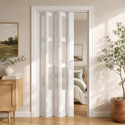 SMARTSTANDARD 36"x 80" Accordion Door with Grid Frosted Acrylic Glass,White | Double Walled PVC Folding Accordion Closet Door for Bedroom Bathroom, Save Space, Full-Side Magnetic Strip, Easy to Install