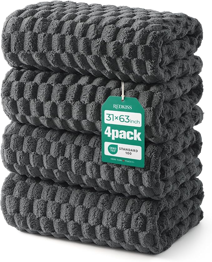 REDKISS 4 Pack Charcoal Gray Microfiber Bath Towels Large 30"x60" | Super Absorbent, Quick Dry, Super Soft, Lint Free, Fluffy Towel for Bathroom, Spa, Gym, Travel, Dorm, Ideal Everyday Use