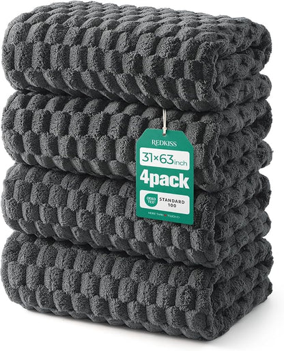 REDKISS 4 Pack Charcoal Gray Microfiber Bath Towels Large 30"x60" | Super Absorbent, Quick Dry, Super Soft, Lint Free, Fluffy Towel for Bathroom, Spa, Gym, Travel, Dorm, Ideal Everyday Use