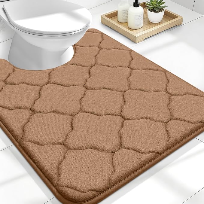 OLANLY Memory Foam Toilet Rugs U-Shaped 24x20, Ultra Soft and Absorbent Bathroom Rugs, Non-Slip, Comfortable, Machine Washable Contour Bath Mat for Toilet Base, Home Decor Accessories, Dark Beige