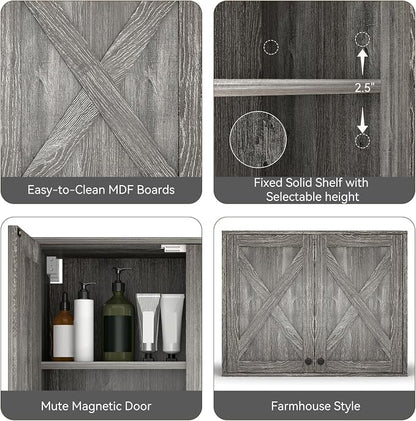 YOURLITE Laundry Cabinet, Medicine Cabinet, Bathroom Kitchen Storage Wall Mounted Farmhouse Organizer with Shelves Over Toilet, One Set of 2 Pieces X 24", Grey