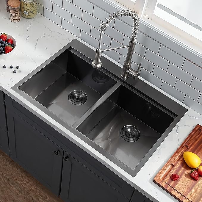Comllen 33''× 22''× 10'' Kitchen Sink 16-gauge 304 stainless Gunmetal Black, Stainless Steel Drop in Double Basin Kitchen Sinks with Accessories