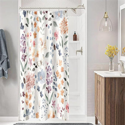 Small Stall Shower Curtain 36 x 72 Inch, Half Narrow Dorm Floral Shower Curtain for Bathroom, Colorful Watercolor Wildflower Vintage Trendy Fabric Shower Curtain Set with Hooks, Ivory