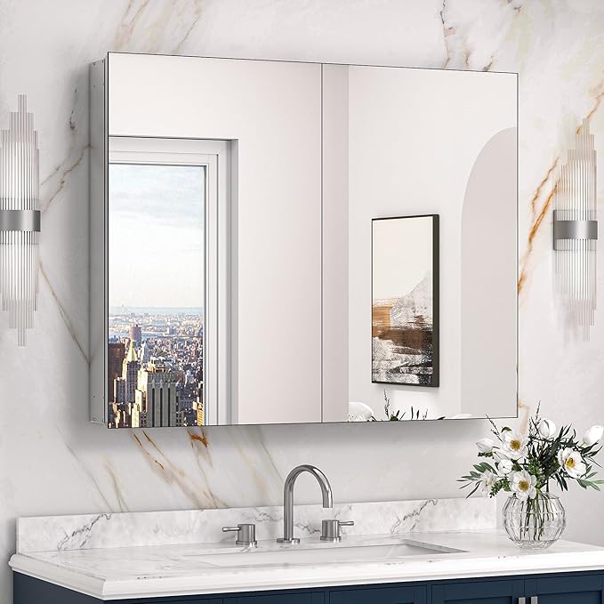 Keonjinn 40 x 32 Inch Large Medicine Cabinet for Bathroom, Silver Lightweight Combined Double Doors Mirrored Cabinet, Assembly Needed, Recessed or Wall Mount, Flexiable Ample Storage, Soft Closing | Assembly Needed, Lightweight Combined Double Doors, R...