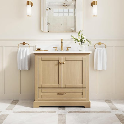 WELLFOR 36" Bathroom Vanity with Sink, Bathroom Freestanding Vanity W/ 2 Soft-Close Doors and 1 Soft-Close Drawers, Bathroom Cabinet Vanity with Cultured Marble Countertop (Oak)