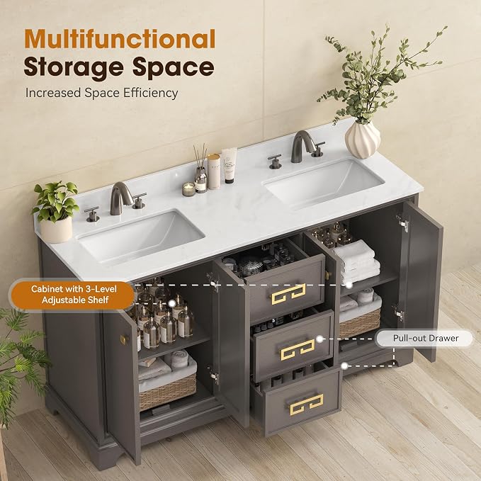 60 Inch Double Sink Bathroom Vanity, Dark Walnut | Fully Assembled Bathroom Sink Cabinet, Marble Countertop & Backsplash, Soft Closing 4 Doors & 3 Drawers, Adjustable Shelves