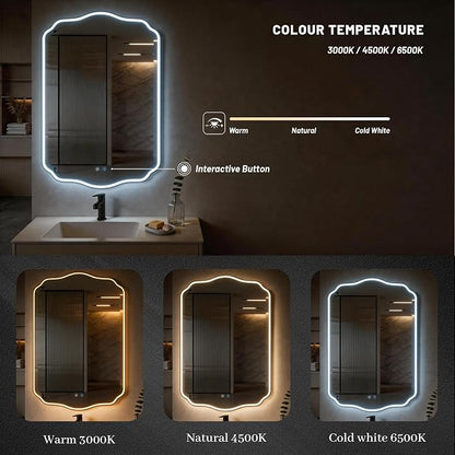 POZINO 30"x22" Scalloped LED Bathroom Mirror with Lights, Black Metal Frame | Beveled Edge, 3 Color Dimmable, Anti-Fog, Memory Function, IP65 Waterproof, Smart Bathroom Vanity Mirror with Front Lights