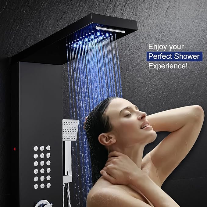 ROVATE 5 in 1 LED Rainfall Waterfall Shower Panel Tower System, Black | High Pressure Stainless Steel Shower Column with Tub Spout, Powerful Body Jets, Flexible Handheld, Brass Mixing Valve Body
