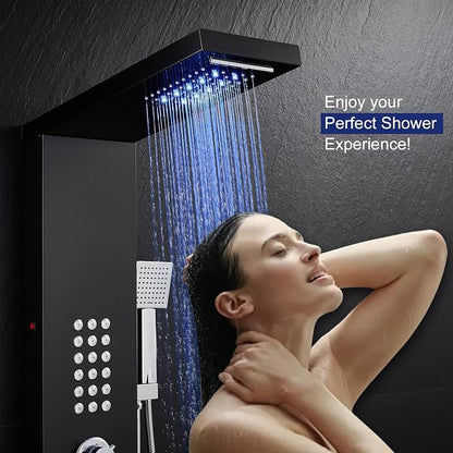 ROVATE 5 in 1 LED Rainfall Waterfall Shower Panel Tower System, Black | High Pressure Stainless Steel Shower Column with Tub Spout, Powerful Body Jets, Flexible Handheld, Brass Mixing Valve Body