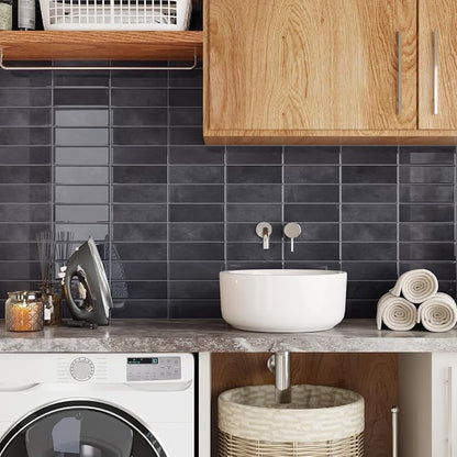 CRE8TIVE 16 Sheets Grey Straight Linear Peel and Stick Tile for Kitchen Bathroom Backsplash Peel and Stick Wall Tiles Waterproof 3D Rectangular Tile Stickers Removable Backsplash for Renters 12"x12"