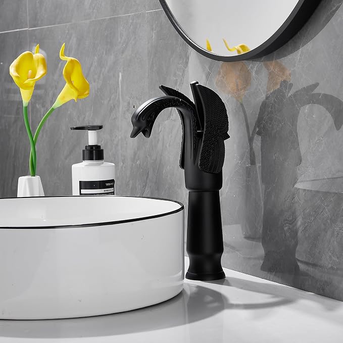 Matte Black Swan Shape Single Handle 1Hole Bathroom Vessel Sink Faucet Deck Mount Lavatory Sink Faucet