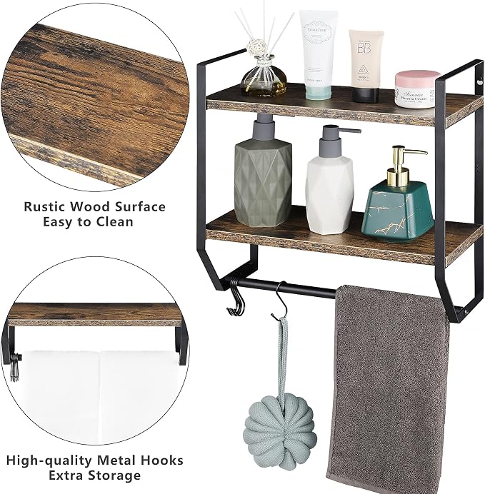 OYEAL Bathroom Shelf with Towel Bar Wall Mounted Towel Rack | Rustic Towel Shelf for Bathroom with 5 Hooks, 2 Tier Shelf Storage Organizer for Living Room, Kitchen, Bedroom, Rustic Brown
