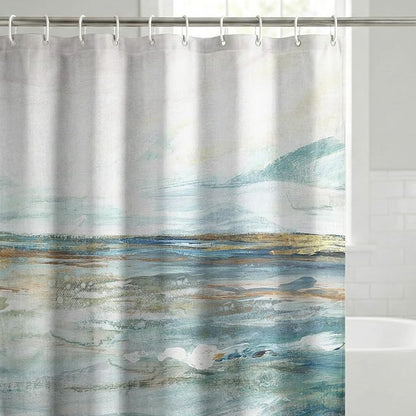 Americanflat 71x74 Beach Shower Curtain - Water-Resistant Long Shower Curtain with Coastal Landscape Design - Durable Metal Grommets and 12 Hooks - Polyester - Sky Blue, Seafoam Green, Beige and Grey
