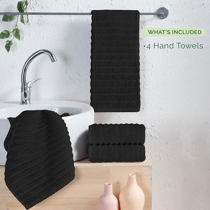 Elegant Comfort Luxury 100% Turkish Cotton Corduroy Ribbed 4 Pack Hand Towel Set 16 x 28 Inch - Absorbent, Super Soft, Quick Dry, Premium Towels for Bathroom, Gym, Spa and Hotel Use, Black