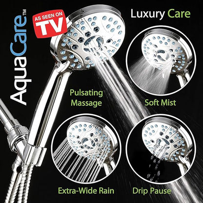 AquaCare 8-mode High Pressure Handheld Shower Head with 2-mode Power Wash | Stay Clean Nozzles, Dual Power Wash for Tub, Tile & Pets, Long 6 ft. Stainless Steel Hose, Wall & Overhead Brackets / Chrome