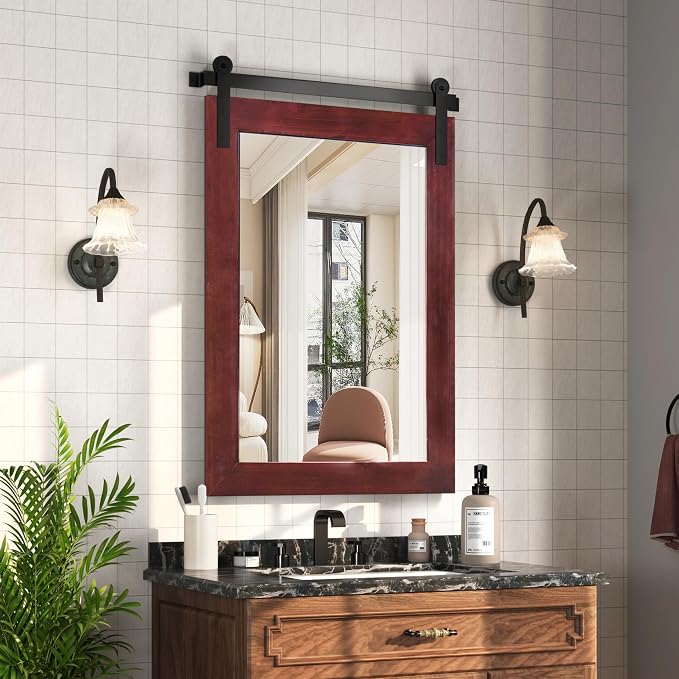 COGOOD Farmhouse Bathroom Mirrors for Over Sink - 38 x 25 Espresso | Rustic Barn Door Wood Framed Vanity Mirror for Entryway, Living Room, Bedroom, Dresser Wall Decor