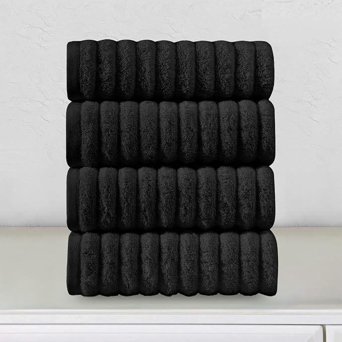 Elegant Comfort Luxury 100% Turkish Cotton Corduroy Ribbed 4 Pack Hand Towel Set 16 x 28 Inch - Absorbent, Super Soft, Quick Dry, Premium Towels for Bathroom, Gym, Spa and Hotel Use, Black