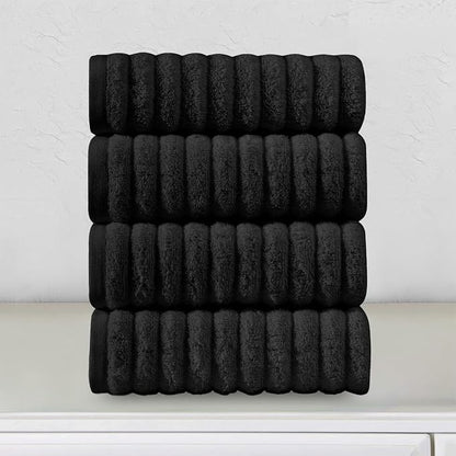 Elegant Comfort Luxury 100% Turkish Cotton Corduroy Ribbed 4 Pack Hand Towel Set 16 x 28 Inch - Absorbent, Super Soft, Quick Dry, Premium Towels for Bathroom, Gym, Spa and Hotel Use, Black