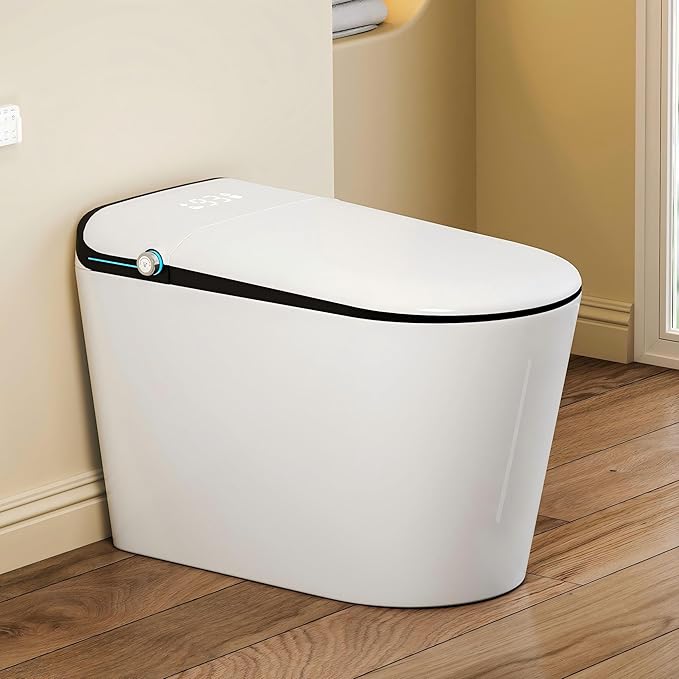 One Piece Smart Bidet Toilet, Auto Lid, Wash & Dry, White Black | Foot Sensor Flush, Heated Seat, Instant Warm Water, Adjustable Wash Settings, Self Cleaning Wand, Auto Flush, Pre Wet