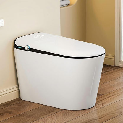 One Piece Smart Bidet Toilet, Auto Lid, Wash & Dry, White Black | Foot Sensor Flush, Heated Seat, Instant Warm Water, Adjustable Wash Settings, Self Cleaning Wand, Auto Flush, Pre Wet