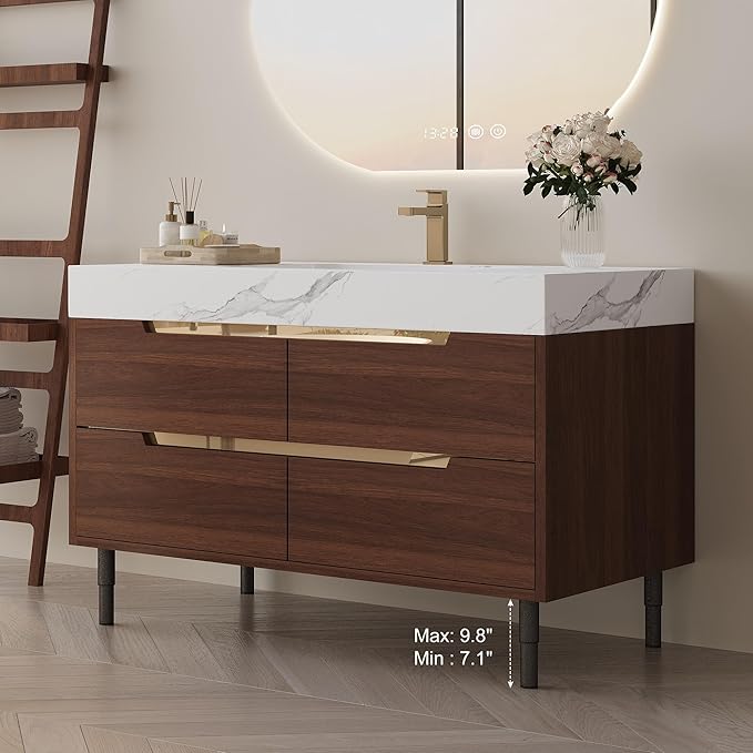 36 Inch Modern Bathroom Vanity with Undermount Sink, 2-in-1 Wall Mounted & Free-Standing Bathroom Vanity Cabinet with Sintered Stone Top & 4 Drawers, Walnut Wood Single Sink Bathroom Vanities