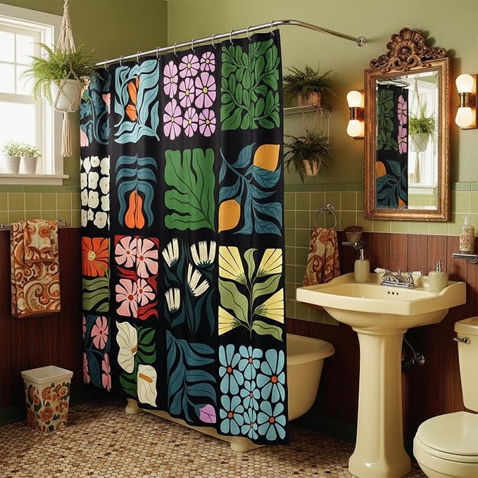JAWO Retro Shower Curtain Vintage Abstract Cute Boho Floral Shower Curtains for Bathroom Decor Black Blue Botanical Geometric Groovy Aesthetic Pattern Shower Curtain Sets with Hooks, 70X70IN