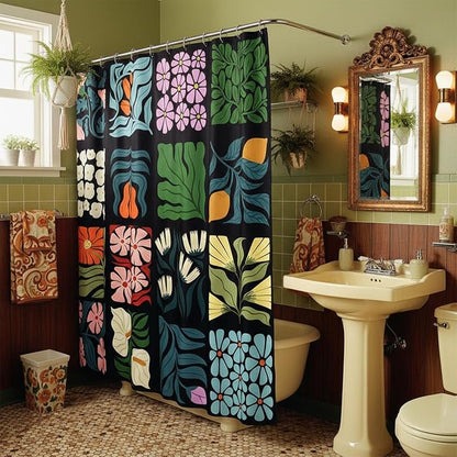 JAWO Retro Shower Curtain Vintage Abstract Cute Boho Floral Shower Curtains for Bathroom Decor Black Blue Botanical Geometric Groovy Aesthetic Pattern Shower Curtain Sets with Hooks, 70X70IN