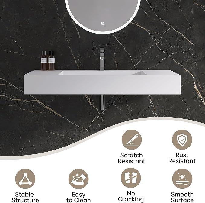 42" x 18" Wall Mount Sink, Stone Resin Rectangular Bathroom Sink | Modern Floating Vessel Sinks for Vanity, Art Basin Trough, Durable and Stylish Bathroom Sinks for Modern Homes, White
