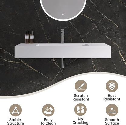 42" x 18" Wall Mount Sink, Stone Resin Rectangular Bathroom Sink | Modern Floating Vessel Sinks for Vanity, Art Basin Trough, Durable and Stylish Bathroom Sinks for Modern Homes, White