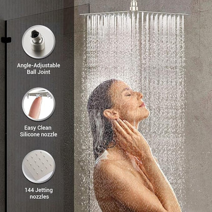DASAN Full Body Shower System with 6 PCS Body Spray Jets & 12'' Rain Overhead Shower & Handheld, In-Wall Rain Shower System Brushed Nickel Shower Faucets Sets Complete with Valve, SA-SS03ABN-S12W